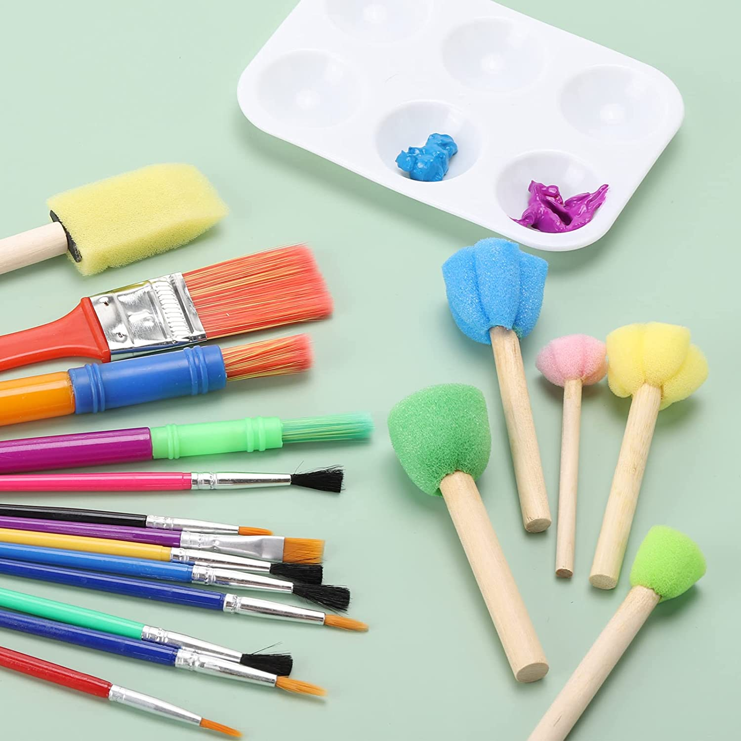 19 Pcs Kids Paint Brush Set with Plastic Paint Pallete - All-Purpose Paint Brushes for Kids or Students to Paints on School Project or Art Class image number 5