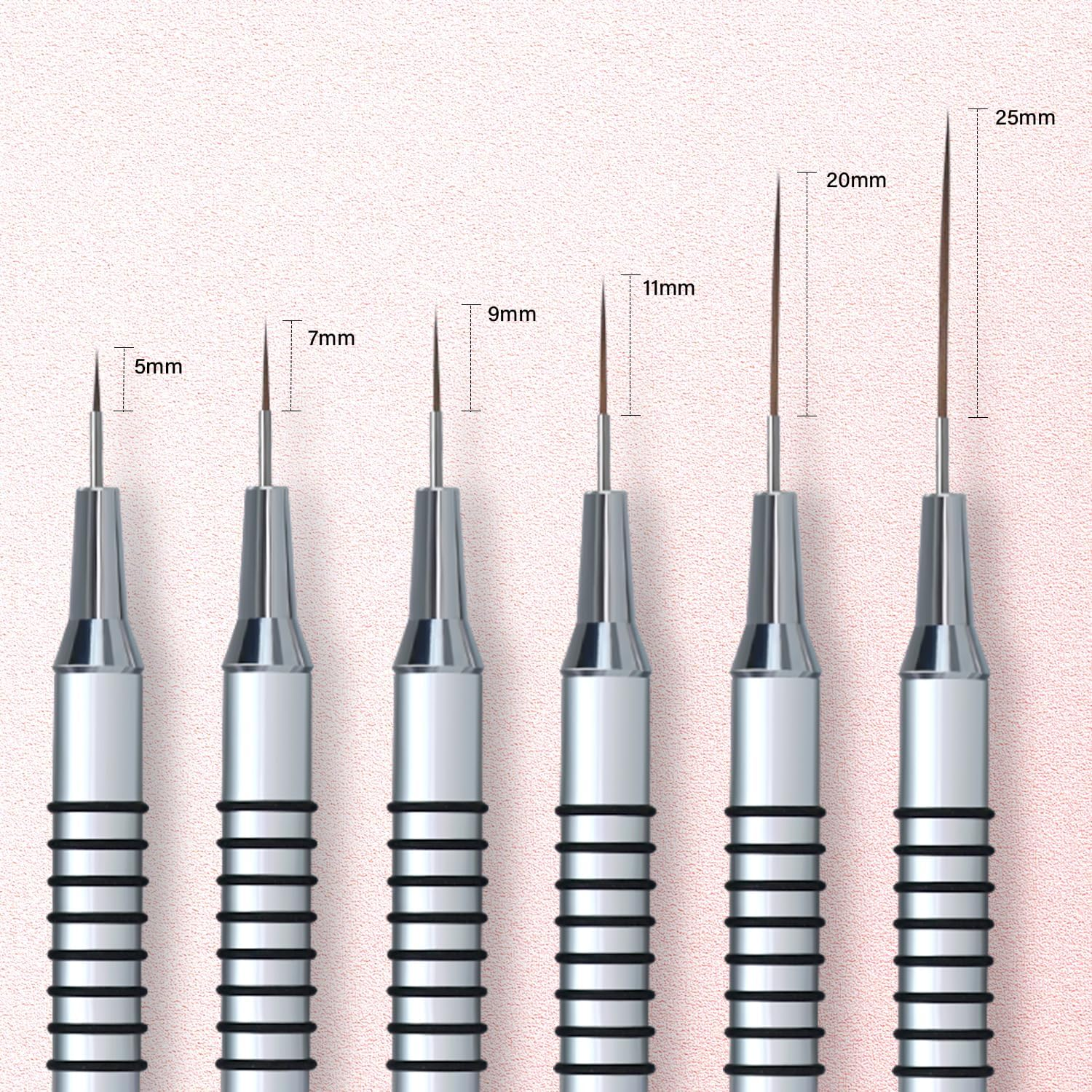 Komall Metallic Nail Art Brushes, 6Pcs Non Slip Liner Brush Set, UV Gel Polish Painting Art Design Pen for Long Lines, Thin Details, Fine Drawing Sizes 5/7/9/11/20/25Mm(Silver) image number 4