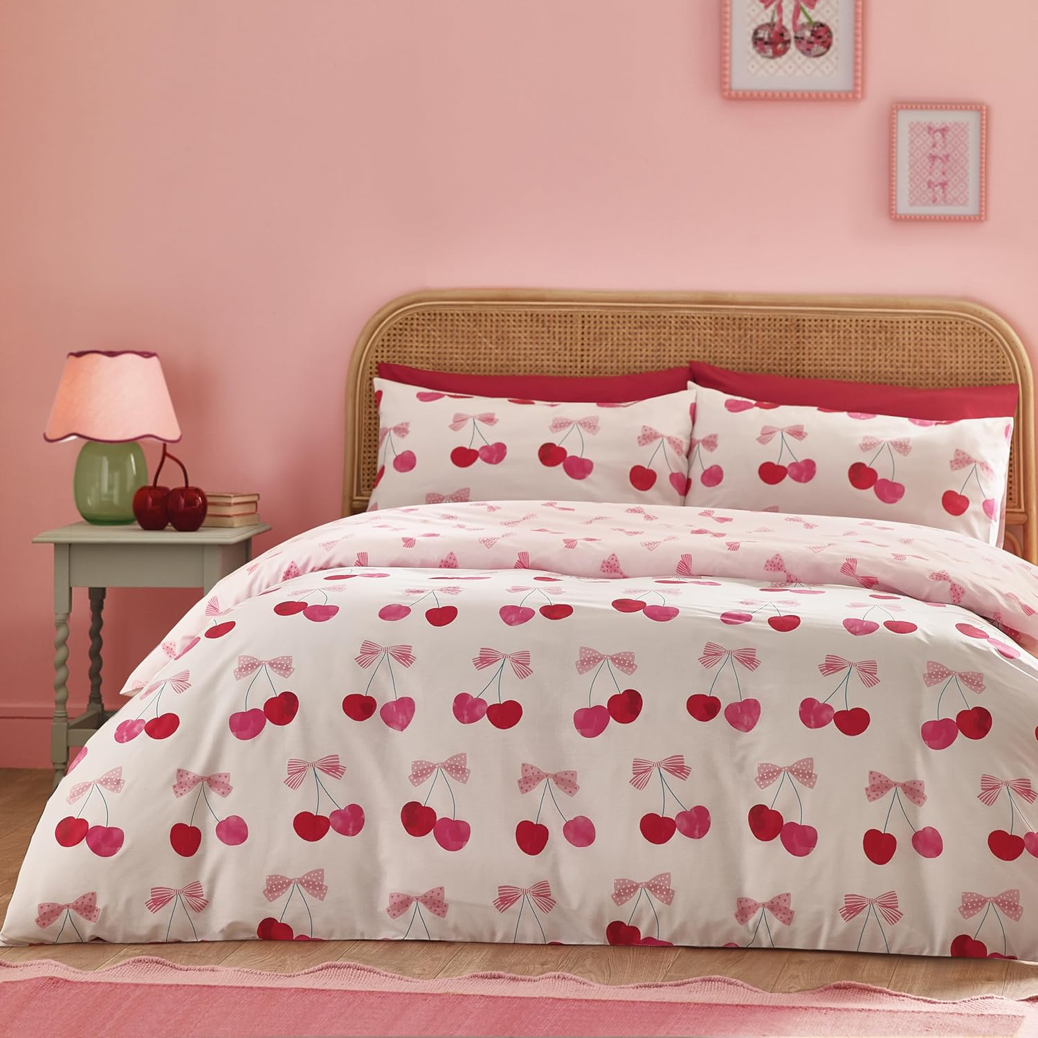 Catherine Lansfield Cherries and Bows Reversible Double Duvet Cover Set with Pillowcases Pink image number 3