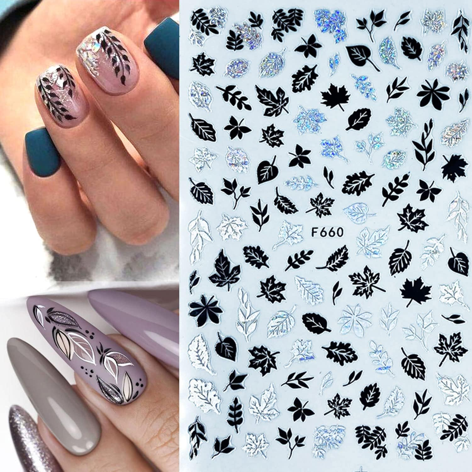 Fall Nail Art Stickers Decals Leaf 8Pcs 3D Self-Adhesive Holographic Gold Black Silver Leaf Manicuring Foils Geometric Slider Nail Art Adhesive Decor (Silver) image number 5