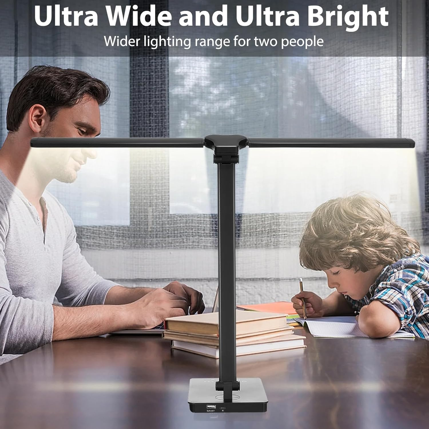 Desk Lamp for Home Office - LED Lamp with USB Port,Eye-Caring Double Swing Arm Bright Table Lamp, Dimmable Touch Lamp Desktop Light for Bedroom/Living Room/College image number 2