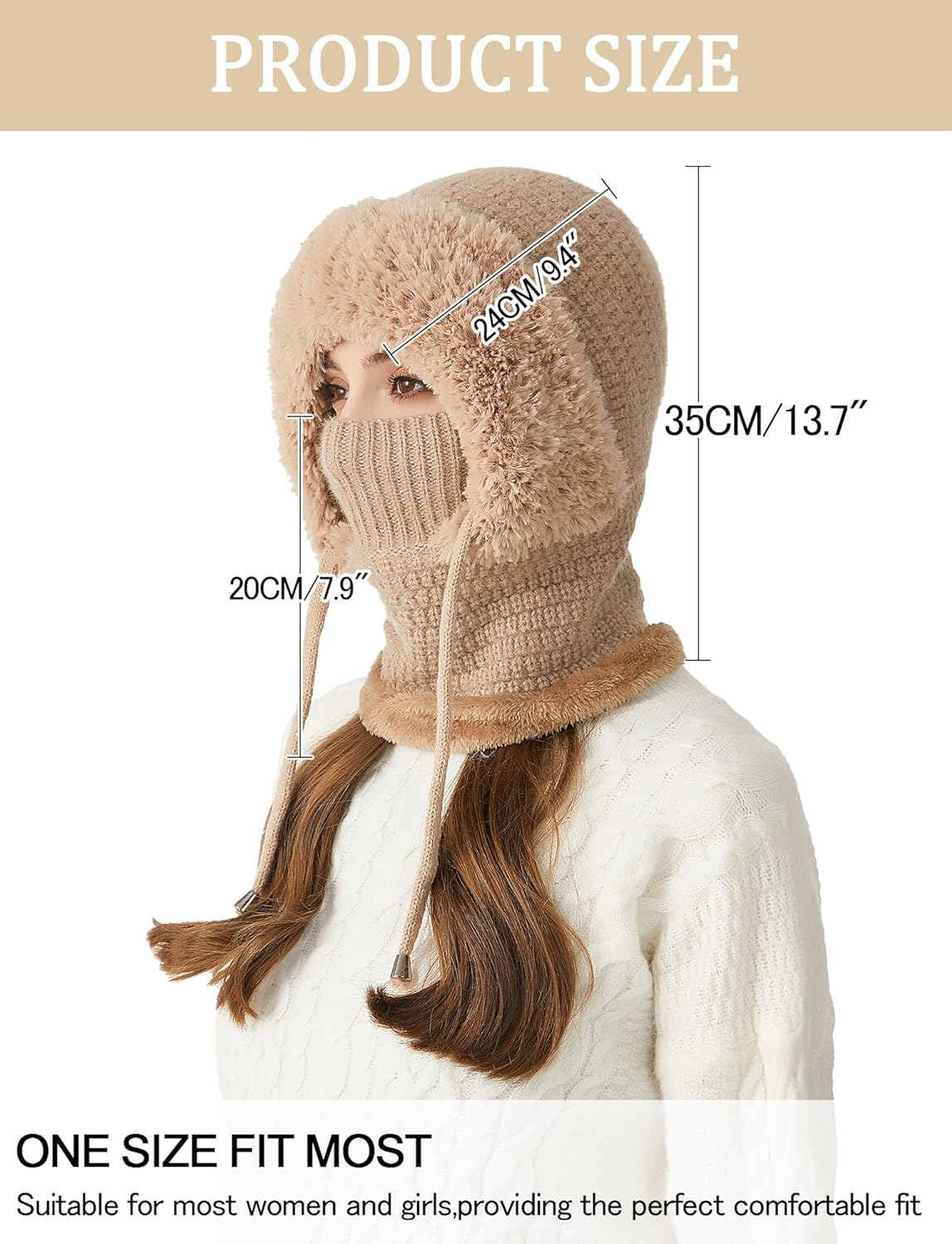 KEOYA Women'S Knit One-Piece Hat with Scarf Elastic Face Mask Fleece Balaclava with Drawstring Winter Warm Ski Beanie Cap image number 4