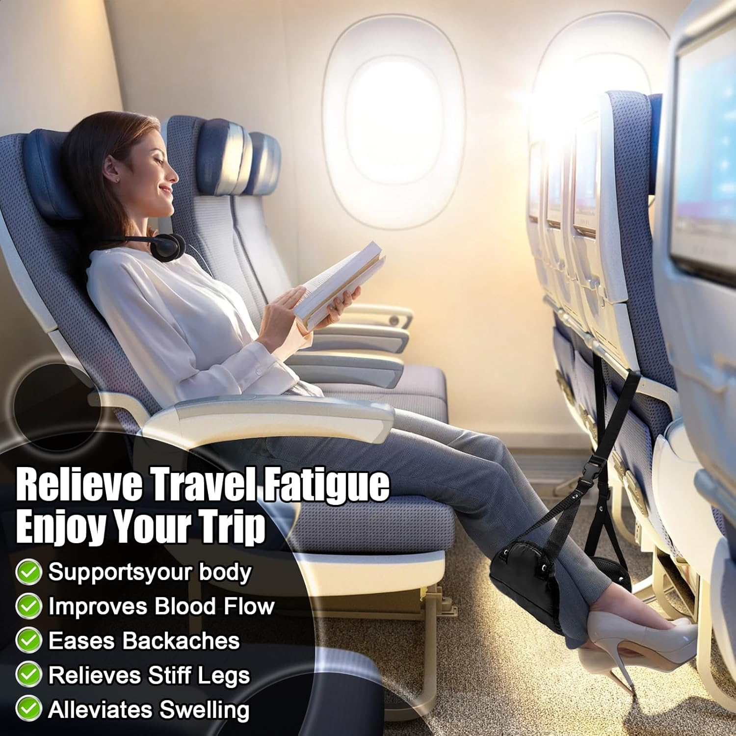 Airplane Footrest, Portable Travel Foot Hammock, Adjustable Height Airplane Foot Rest Hammock for Travel, Home, Office (Black) image number 1