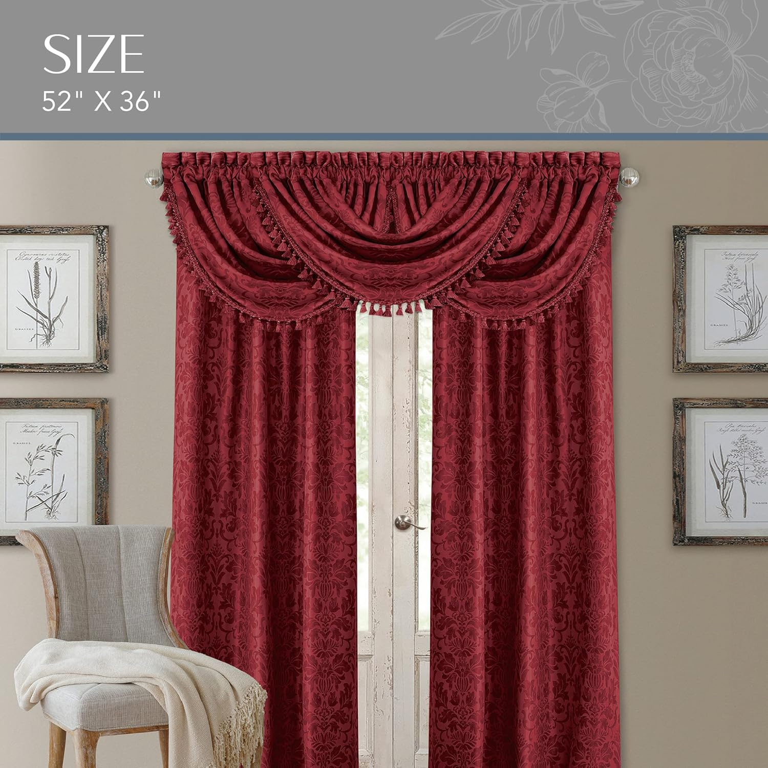 Elrene Home Fashions Antonia Blackout Rod Pocket/Back Tab Window Curtain Panel, Fabric, Rouge, 52" X 36" (1 Valance)