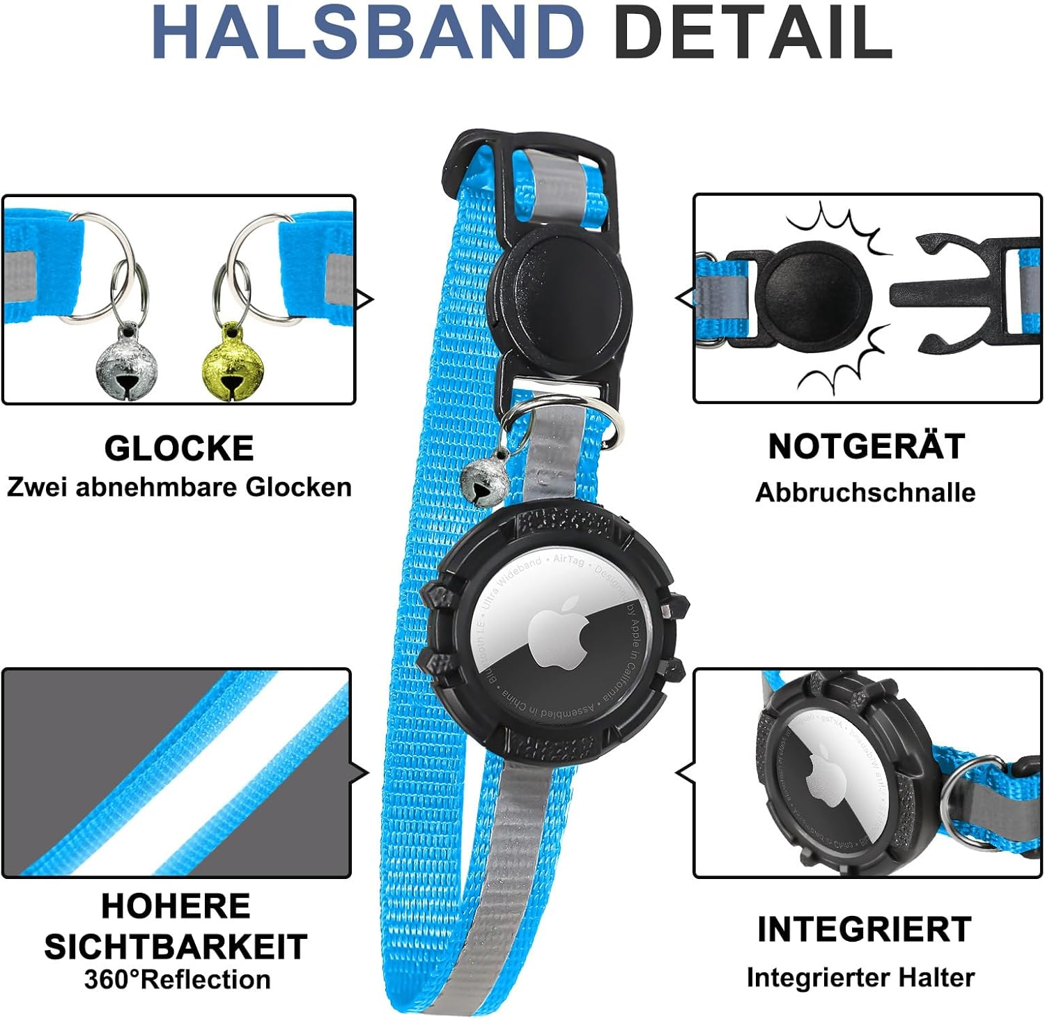 Airtag Breakaway Cat Collar, Reflective Kitten Collar with Apple Air Tag Holder and Bell, Lightweight Tracker Cat Collars for Girls, Boys, Cats, Kittens, Puppies (Blue, S) image number 3