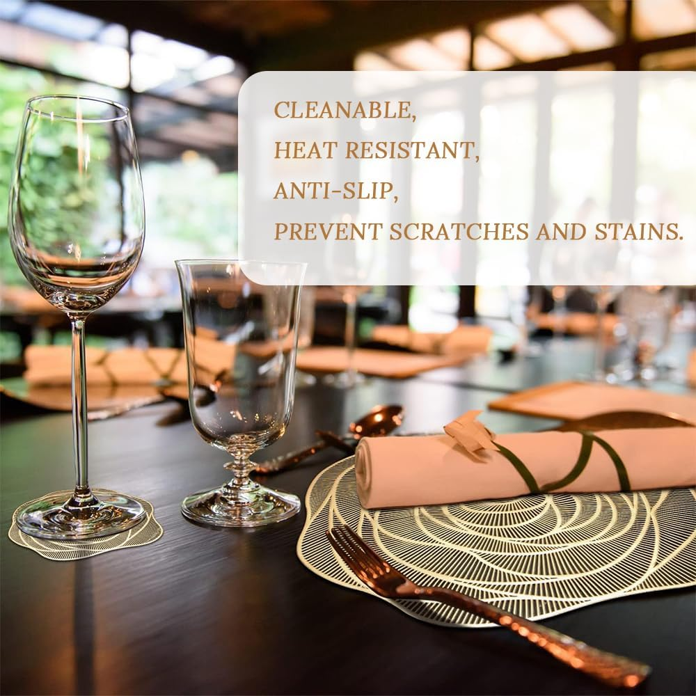 12-Piece Set of Rose Placemats, Hollow Dining Table and Cup Non-Slip Mats for Kitchen, Living Room, Dining Room, Bar Counter, Wedding Party Decoration (Gold) image number 1