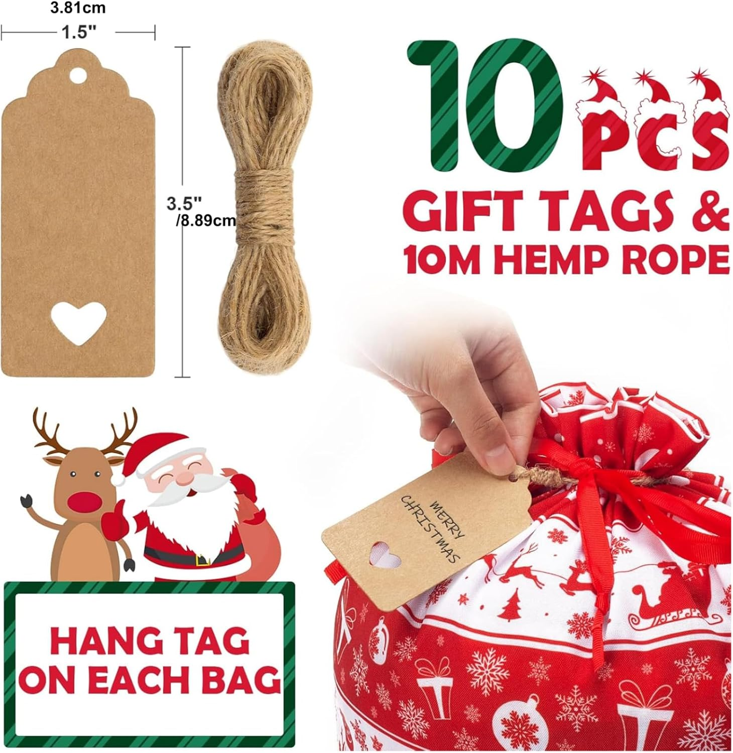 10Packs Christmas Drawstring Gift Bags with Tags, Red White Xmas Fabric Wrapping Bag for Presents Party Favors Decor Goody image number 6