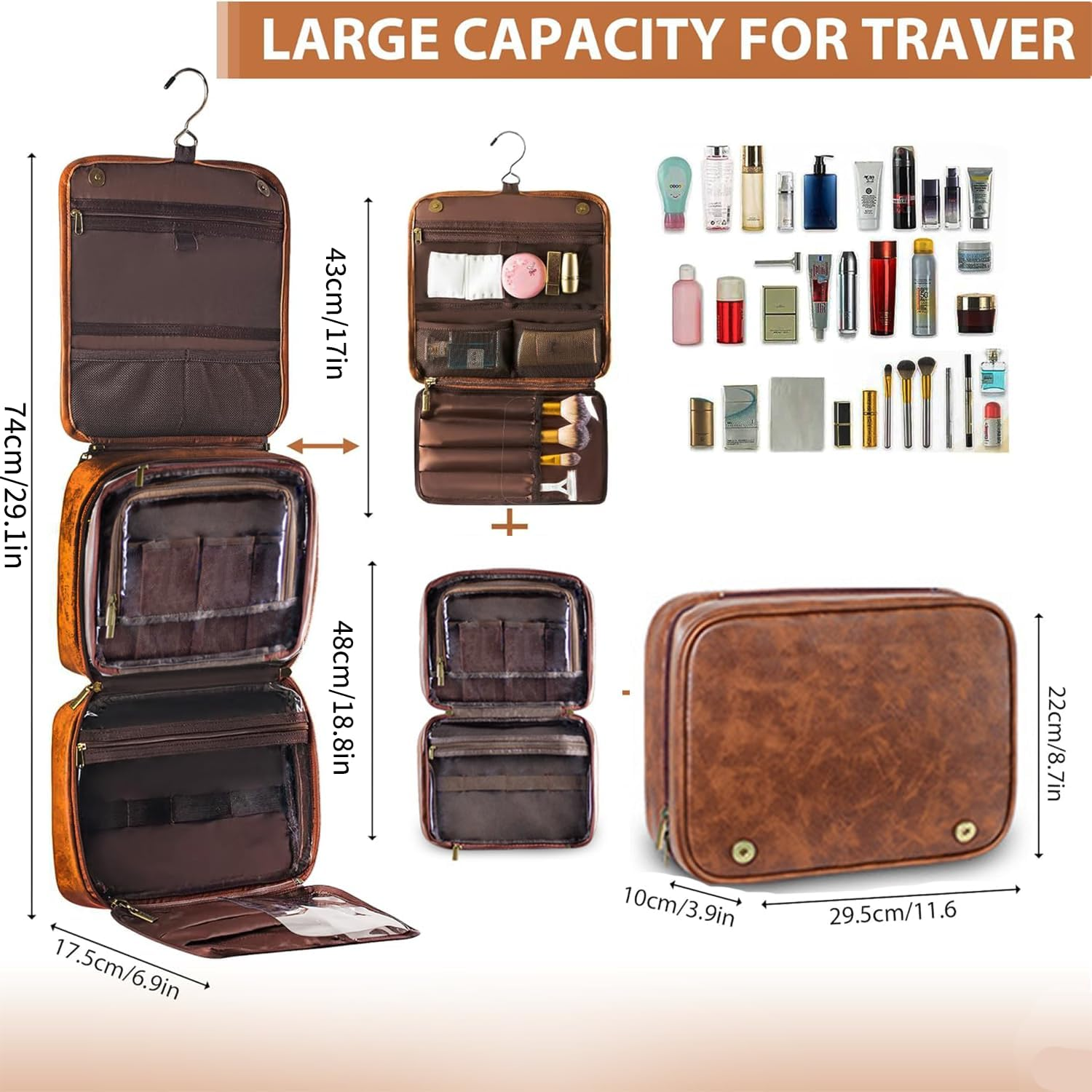 Hanging Toiletry Bag for Men and Women &ndash; 3-In-1 Travel Organizer, Water-Resistant PU Leather Dopp Kit, Large Makeup & Shaving Bag for Toiletries Accessories image number 1