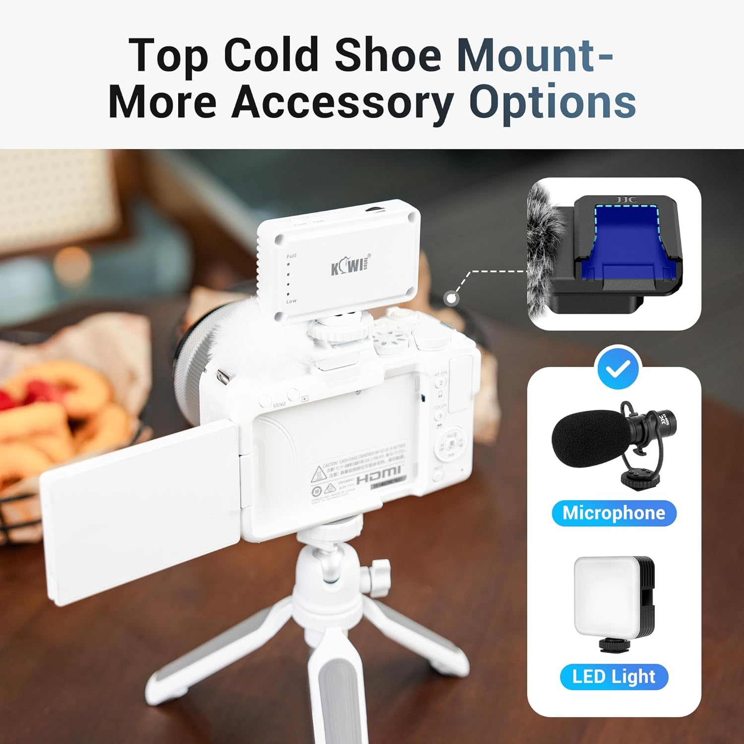 JJC R50V Cold Shoe Wind Muff for Canon EOS R50V R50 V Camera, Cold Shoe Adapter with Furry Windscreen to Reduce Noise, Cold Shoe Mount Holder for Canon R50V Accessories LED Light Microphone Attachment