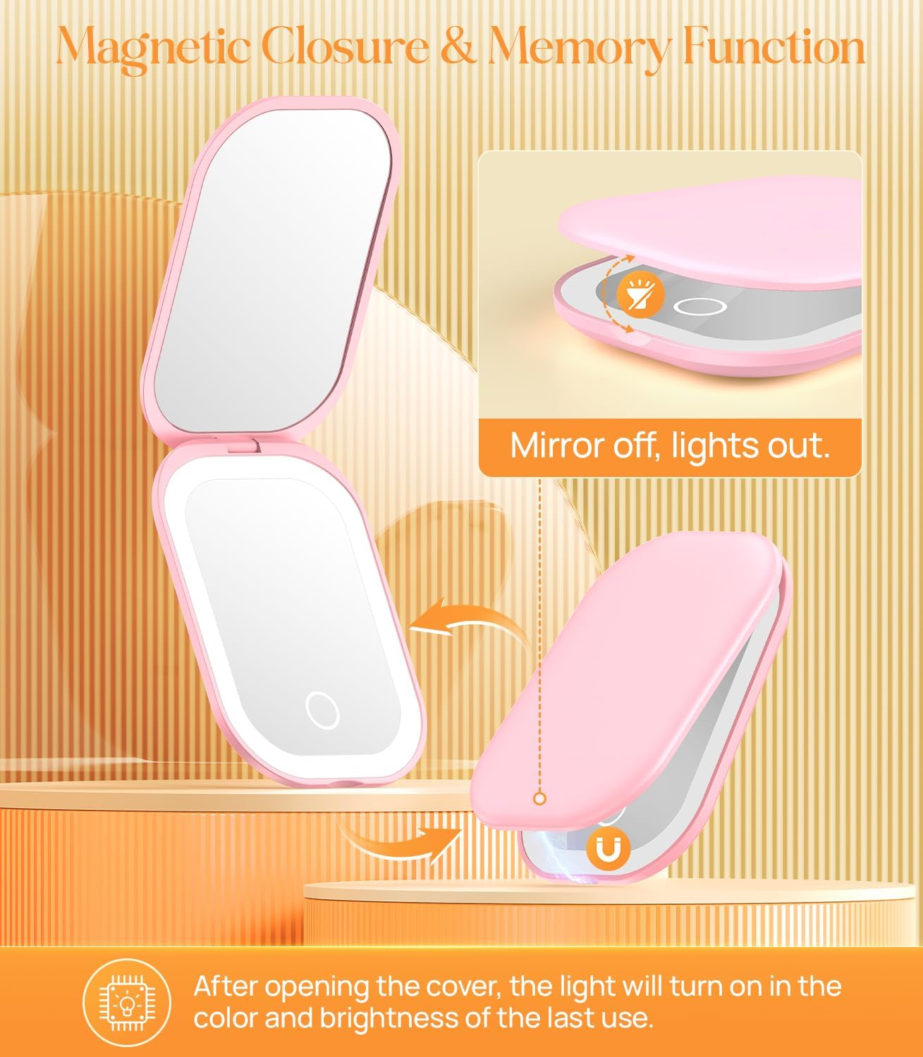 Gospire Lighted Travel Makeup Mirror with Light and Magnification, 3X Magnification Rechargeable Compact Mirror with Three-Color Adjustable Light, Led Mini Mirror for Purse - Pink - Black image number 2