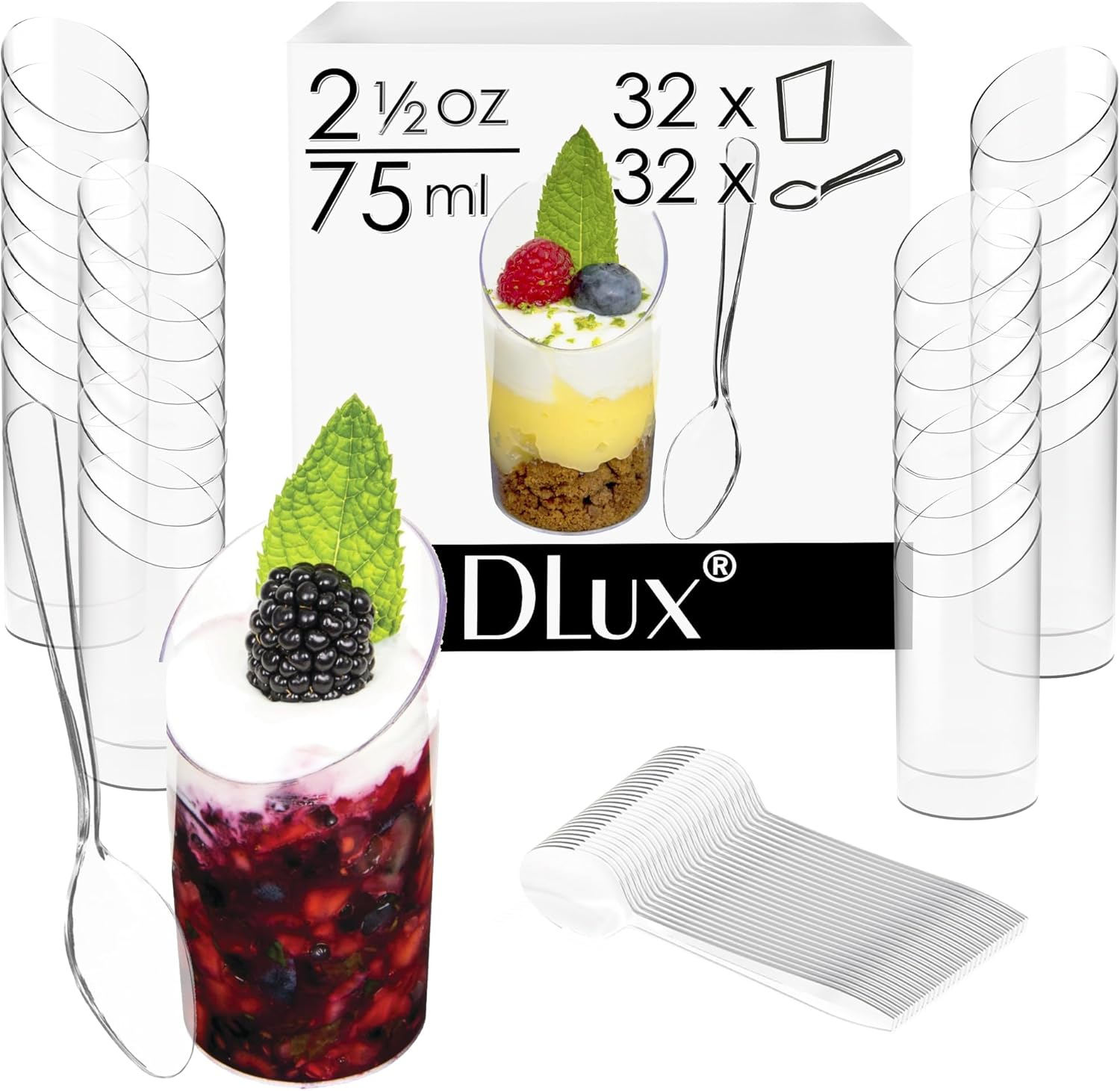 Dlux Mini Dessert Cups with Spoons (75 Ml X 32 Pcs) Clear Plastic Parfait Appetizer Cups, Slanted round 2.5 Oz Small Reusable Bowl for Party Desserts Appetizers - with Recipe Ebook
