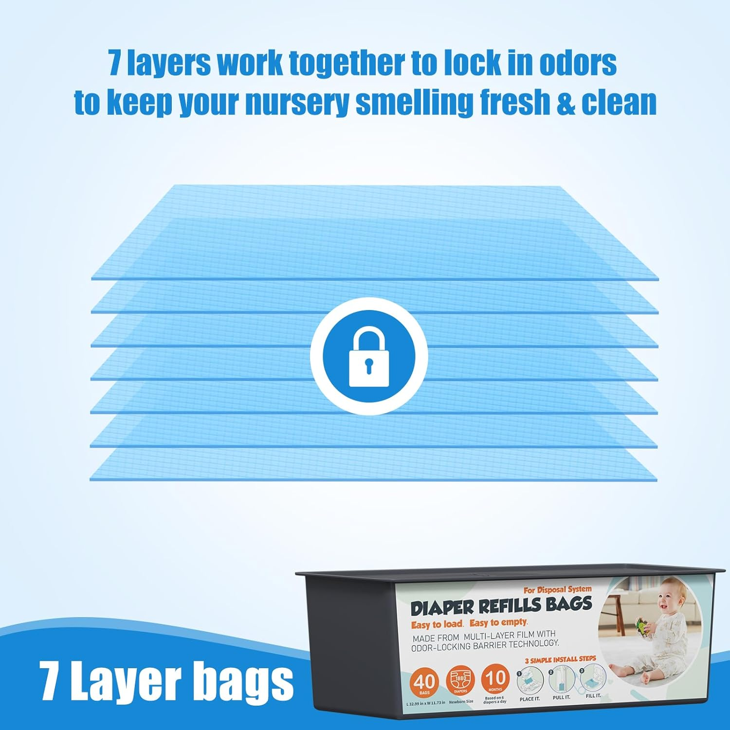 Upgrade Diaper Pail Refills Bags with 40 Bags Compatible with Genie Easy Roll Signature and Platinum Diaper Pails, 7-Layer Odor-Barrier Technology, 3 Pack (120 Bag) image number 4