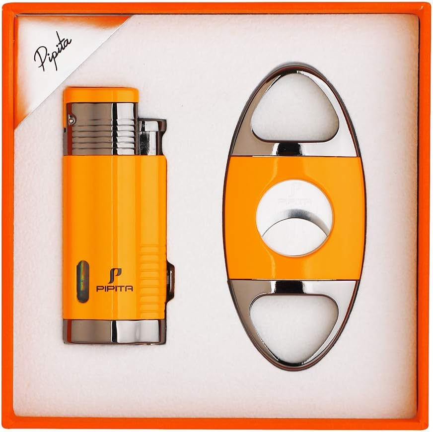 PIPITA Torch Cigar Lighter Gift Set,Windproof Triple Jet Flame Torch Lighter with Punch and Cigar Cutter Set, Refillable Buntane Gas Lighters (Without Gas)