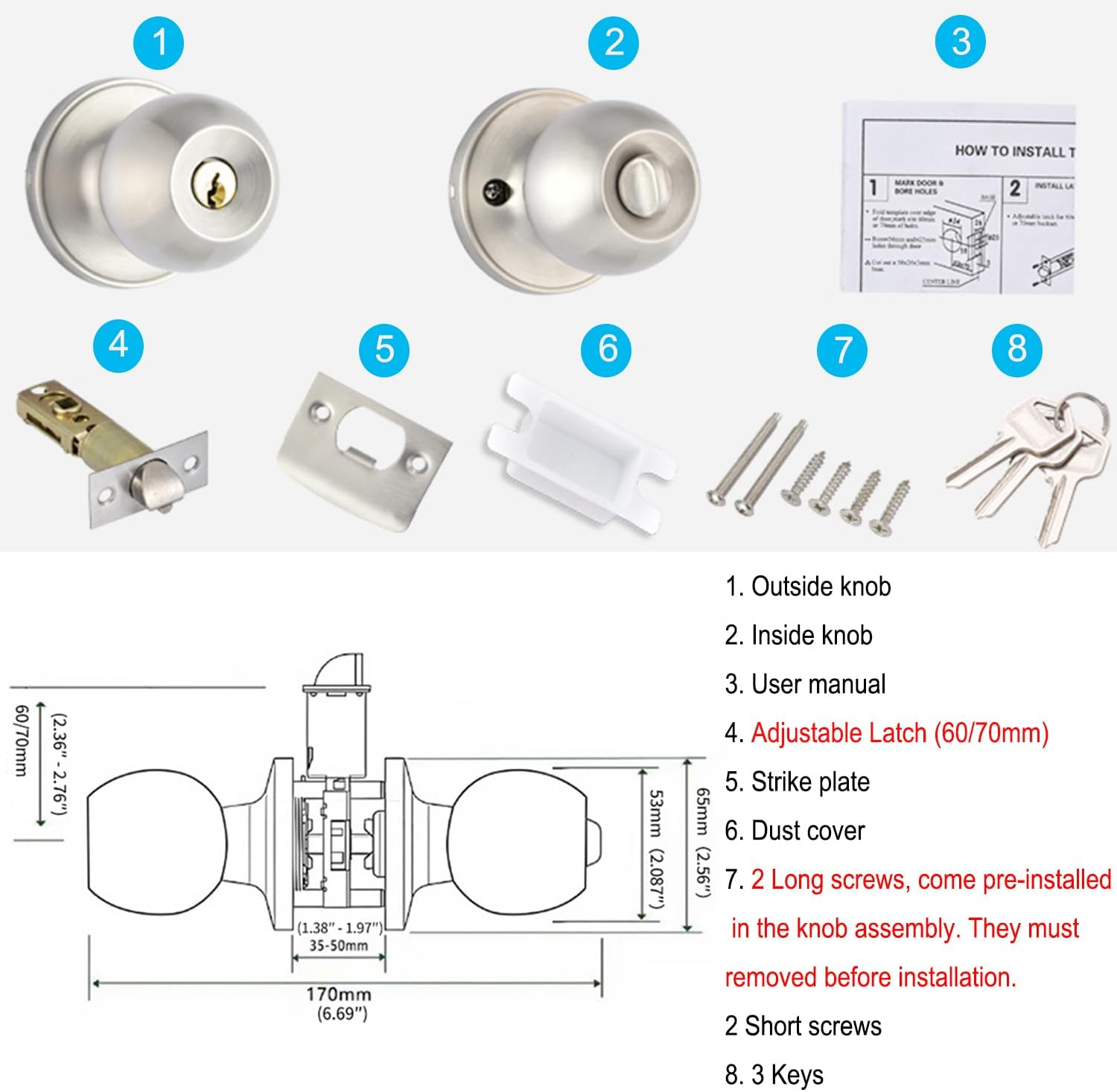 Winbay Door Knob with Lock and Key, Keyed Entry Door Lock Set, Interior and Exterior Entrance Door Lock in Solid Stainless Steel, Brass Cylinder, for Front Door, Bedroom, Bathroom, Satin Nickel image number 1