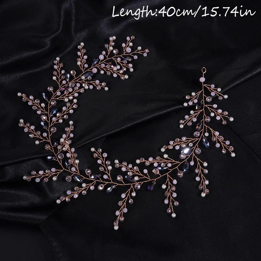 Teyglen Women Bride Wedding Rhinestones Crystals Long Headband Hair Vine Handmade Bridal Pink Rhinestone Pearls Beads Headband Wedding Hair Accessories for Brides Headpieces for Women Bride (Pink) image number 1