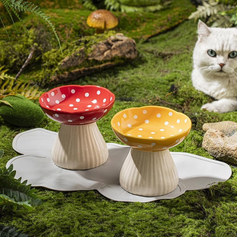Ceramic Raised Mushroom Cat Bowl, Elevated Pet Feeder Bowls, Raised Dog Dish for Food and Water, Red 15 Cm Wide for Adult Cats, Small Dog and Puppy (Yellow) - Yellow image number 2
