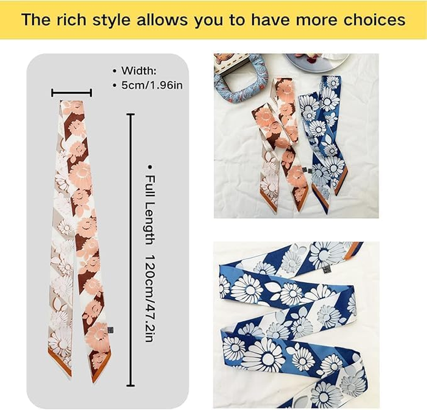 Silk Purse Scarf for Handbags,Bags, and Purses,2 Pcs 2"X47" Hair Ribbon Skinny Neck Scarves for Women image number 3