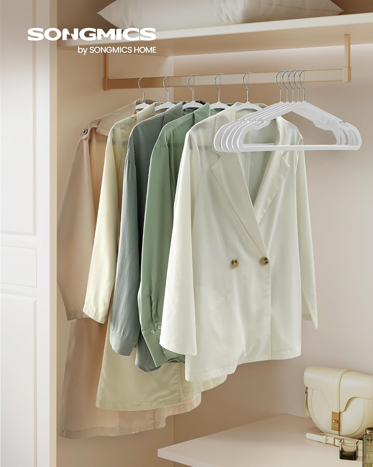 SONGMICS Coat Hangers, Pack of 50, Heavy-Duty Plastic Hangers, with Wide Shoulder Notches, Trousers Bar, 360&deg; Swivel Hook, Space-Saving, 41.6 X 21.4 Cm, for Wardrobe, Cloud White UCRP060W01 - Cloud White image number 4