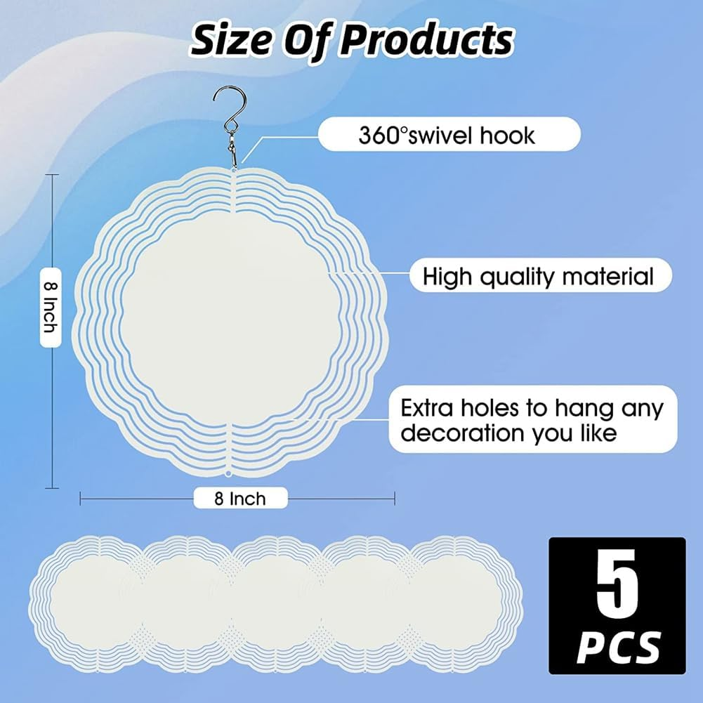 5Pack Sublimation Wind Spinner Blanks 8Inch Wind Spinners White Metal for Yard and Garden Indoor Outdoor Front Door Decoration