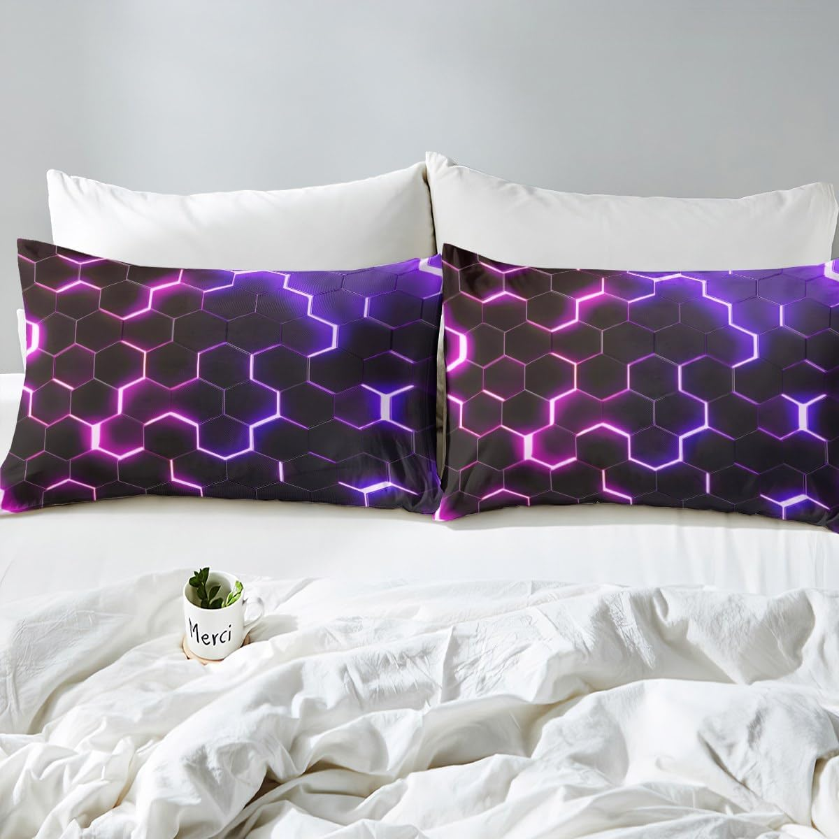 Feelingyou Honeycomb Duvet Cover S Size, Hexagon Pink Purple Neon Lights Comforter Cover Set for Boys Girls, 3D Bedding Quilt Cover Set Bedroom, 2 Pieces image number 5