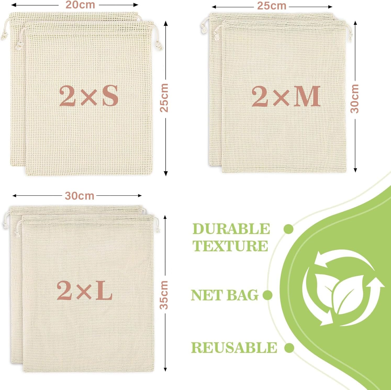 6 Pack Reusable Produce Bags Cotton Mesh Produce Bags Mesh Storage Produce Bags Reusable Durable Double Stitched with Drawstring Produce Bag for Vegetables,Fruit & Grocery Shopping (2L,2M,2S) image number 5