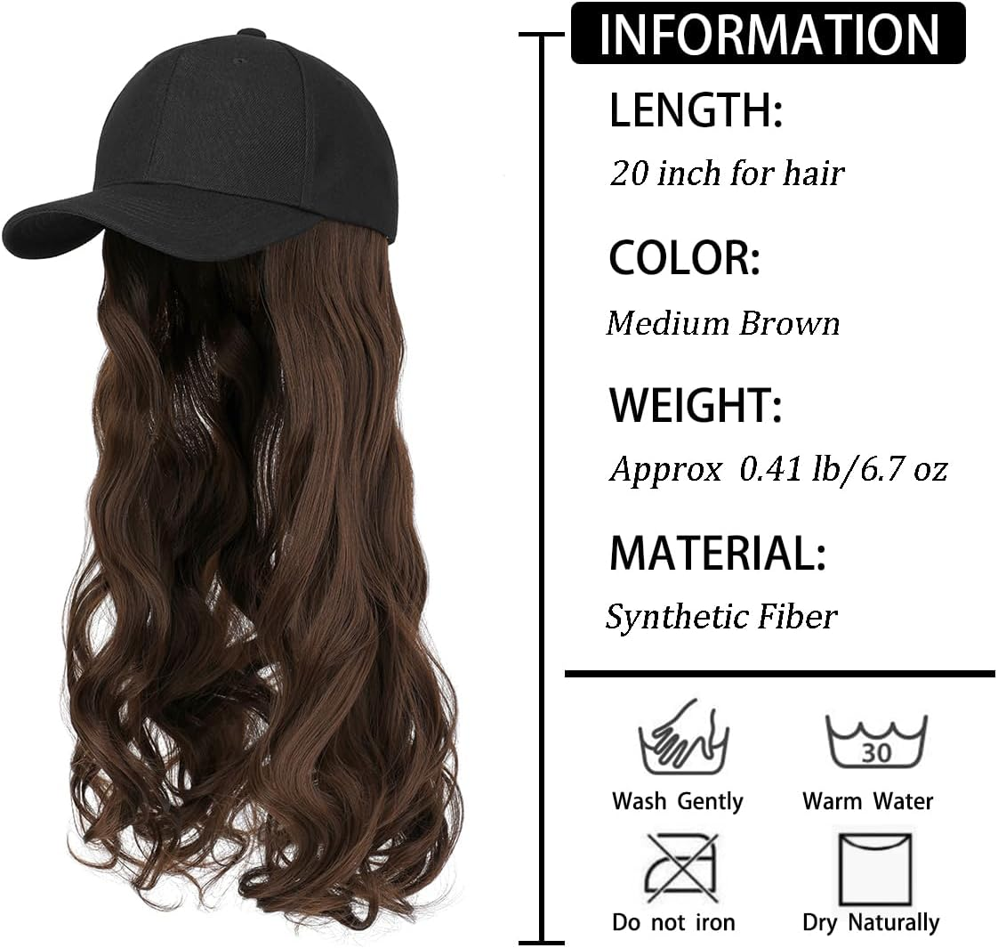 Aynnqueen Baseball Cap with Hair Extensions for Women Adjustable Hat with Synthetic Wig Attached 24Inch Long Wavy Hair Black Baseball Cap image number 2