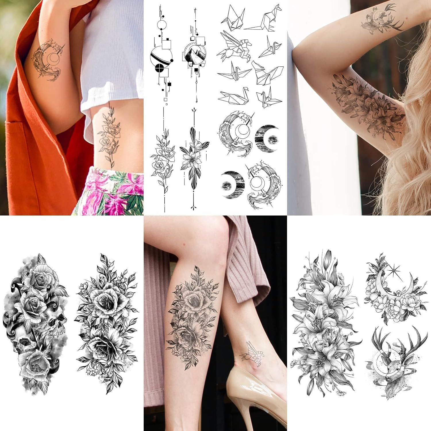 EMOME 400+ Styles Realistic Temporary Tattoos for Women, Long Lasting Semi Permanent Tattoo, Large Flowers Rose Tattoos Stickers and Fake Tattoos for Adults Girls Arm Neck Face(79 Sheets) image number 3