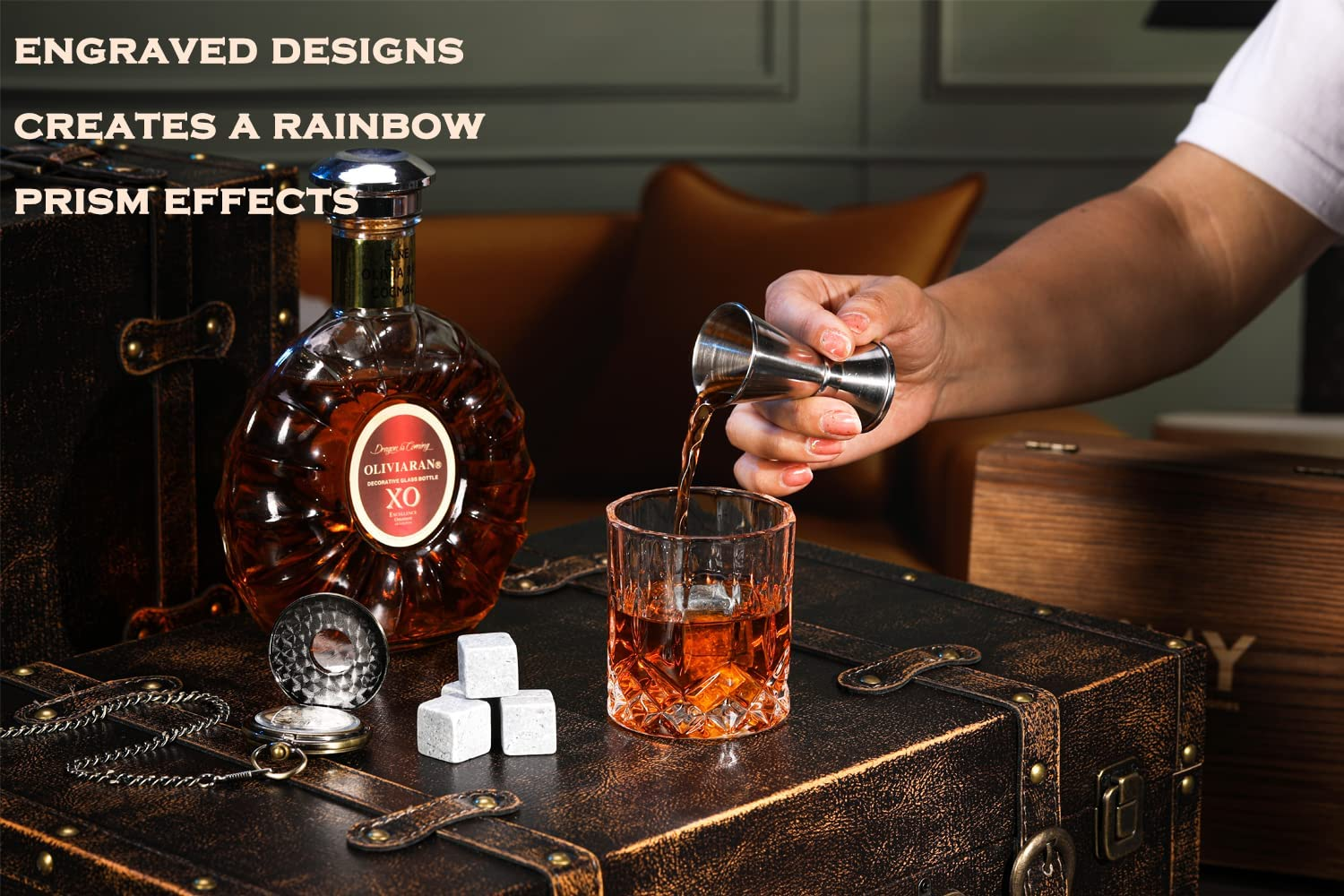 Whiskey Stones and Glasses Gift Set, 8 Whiskey Rocks Chilling Stones and 2 Whisky Glasses in Handmade Wooden Box&ndash; Cool Drinks without Dilution &ndash; Dad, Husband, Men Gift image number 4