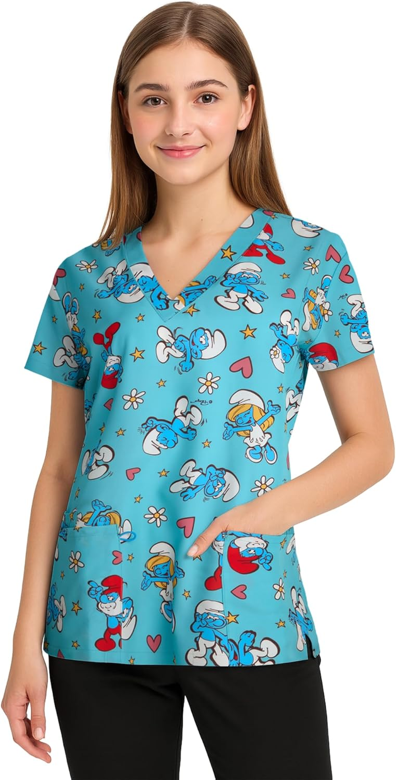 COCO BRANDS Smurfs Womens Scrub Tops - Short Sleeve V-Neck Printed Scrub Tops Women Uniform Shirts with Side Pockets (S-2XL)