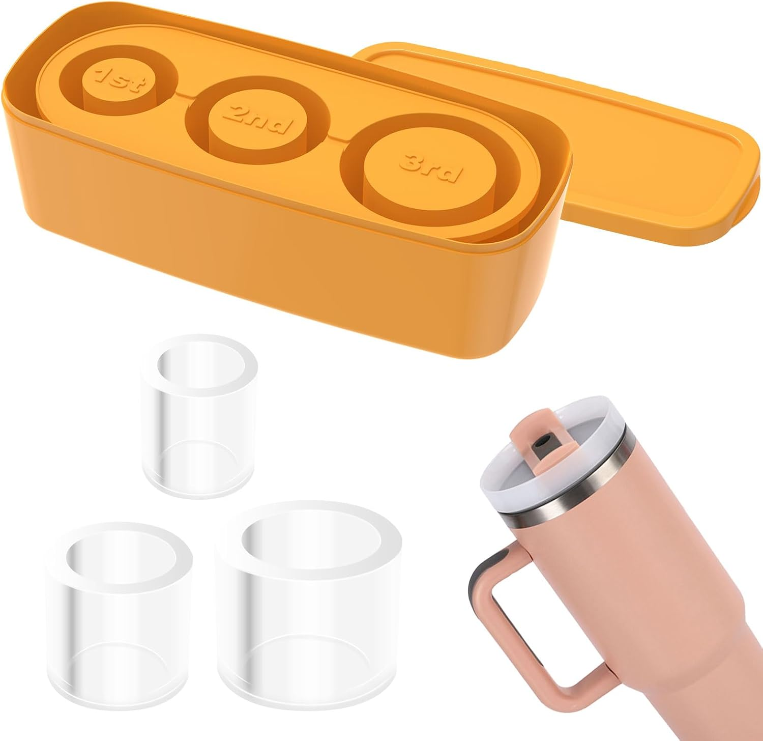 Ice Cube Tray for Stanley, 3 Hollow Cylinder Ice Cube Molds with Lid and Storage Box, Silicone Ice Cube Maker for 30-40 Oz Tumblers Cups, Easy to Release Ice Maker Cube Tray for Drinks (Orange) image number 2