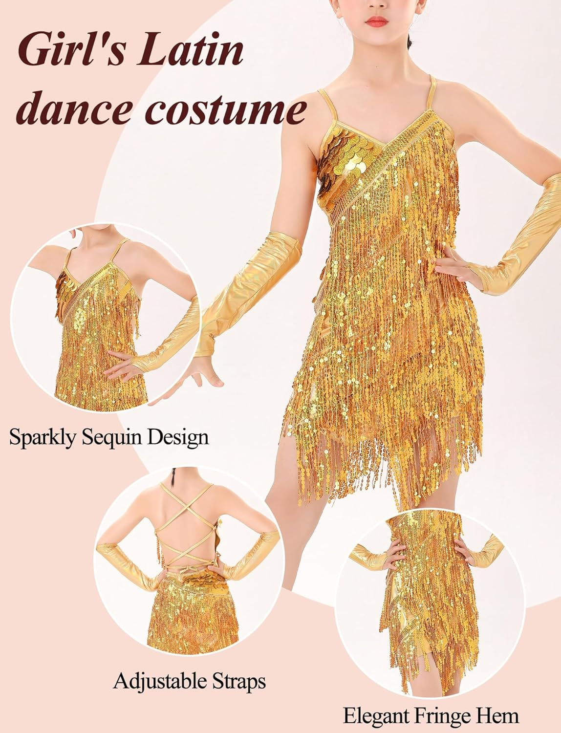 Happy Cherry Fringe Sequin Dress for Girls Cha Cha Jazz Dance Costume Tassel Stage Outfit Latin Dress Ballroom Dancewear image number 4
