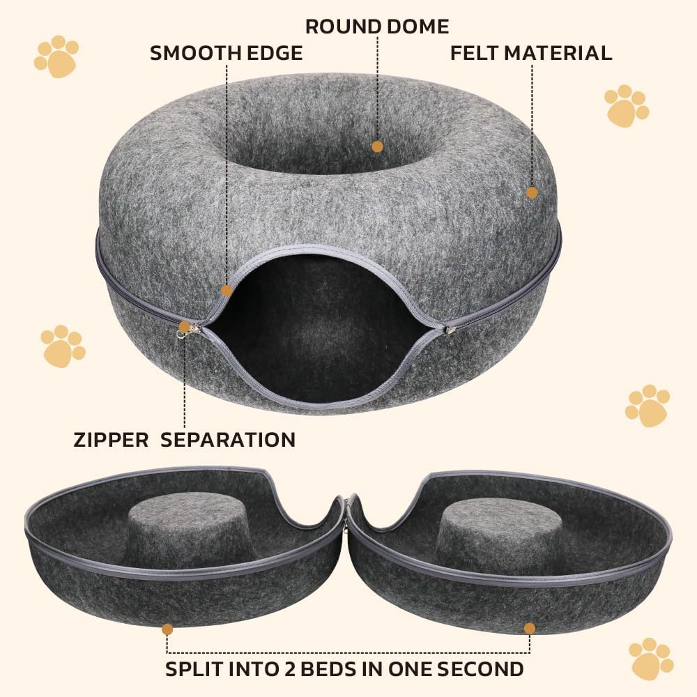VAKA Felt Cat Cave Bed with Zipper &ndash; 59X59X29Cm Donut-Shaped Cat Tunnel Bed for Indoor Cats &ndash; Washable & Detachable Cat House for Multiple Cats, Dark Grey image number 5