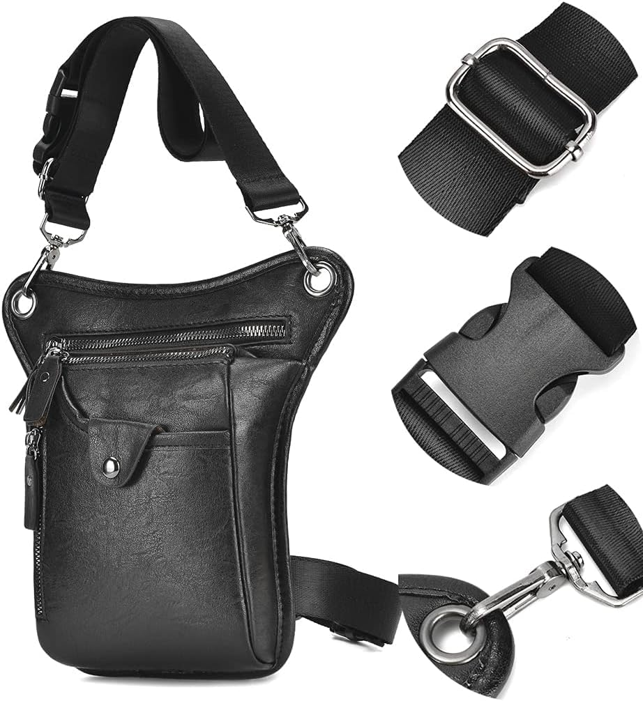 Vintage Leather Waist Pack Drop Leg Bag for Men Belt Hip Bum Bag (Black, 15 * 4 * 23Cm) image number 2