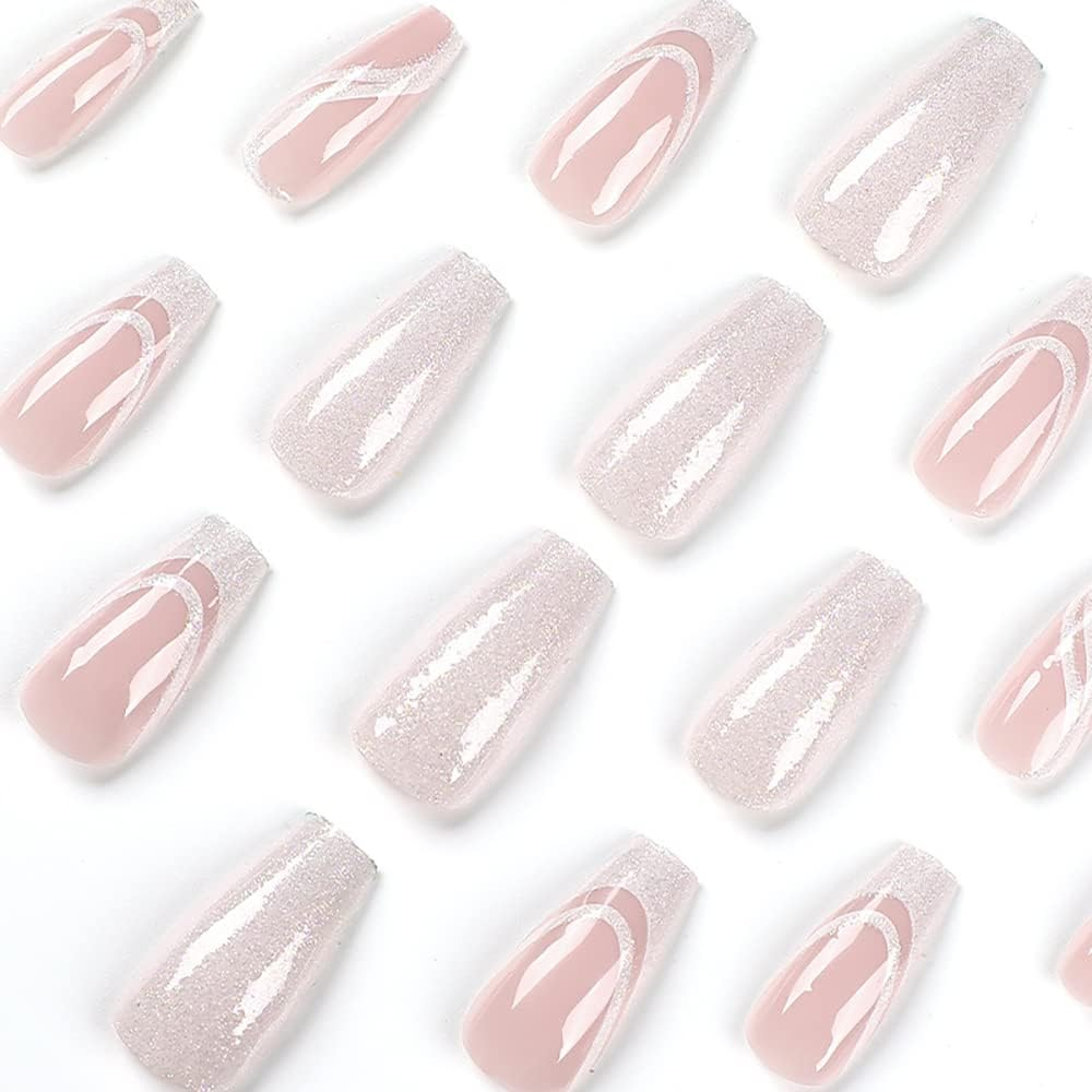 Pack of 24 White Nails for Sticking, Long, Coffin Glitter French Artificial Nails, Ballerina False Nails, Press on Nails, Acrylic Fingernails, Fake Nails Long for Women image number 5