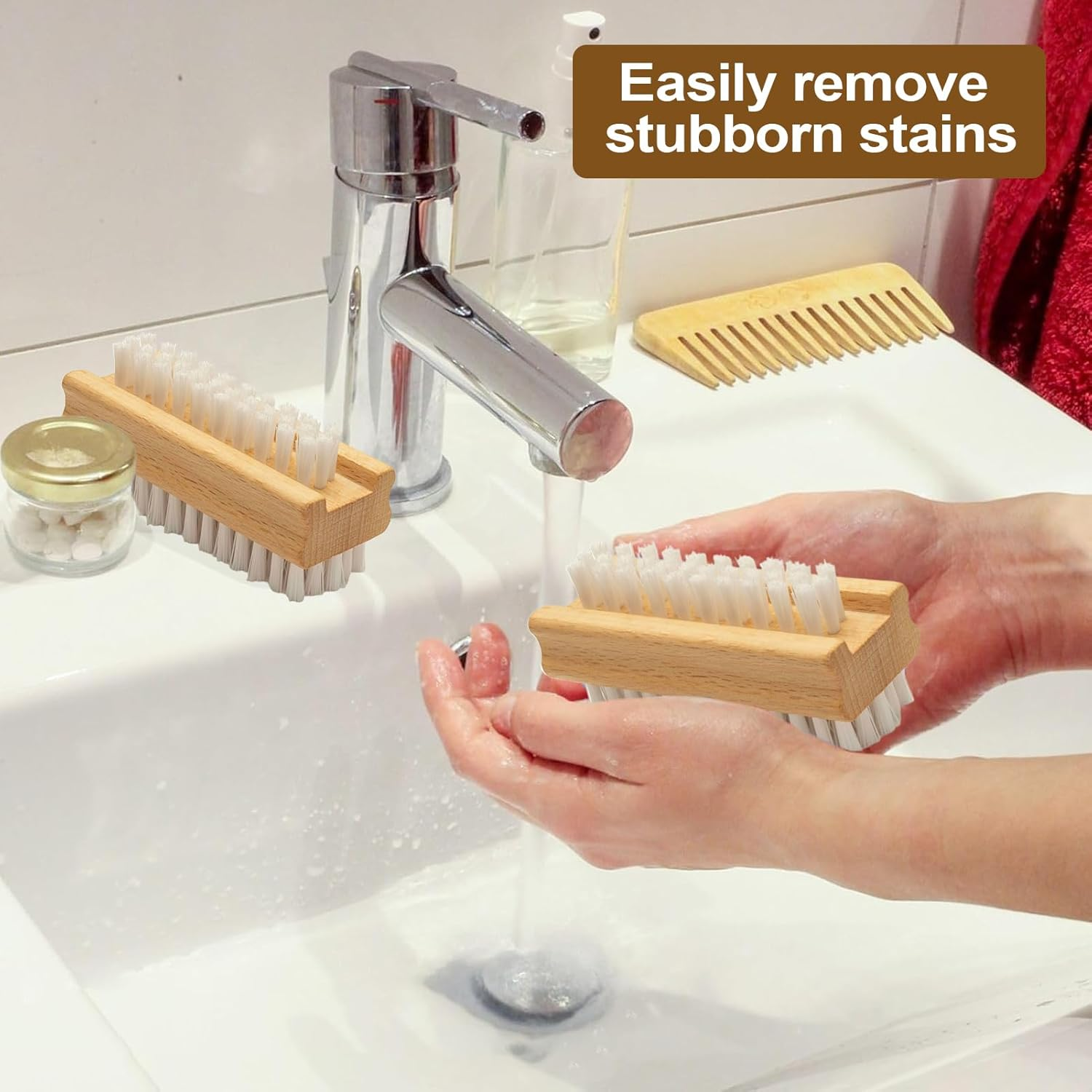 Nail Cleaning Brush - Two Sided Fingernail Brush| Nalil Scrubbing Brushhes | Heavy Duty Stiff Naill Brrush | Non Slip Wooden Hand Scrub for Travel Molded Grip Natural Boar Bristle for Daily Use image number 5