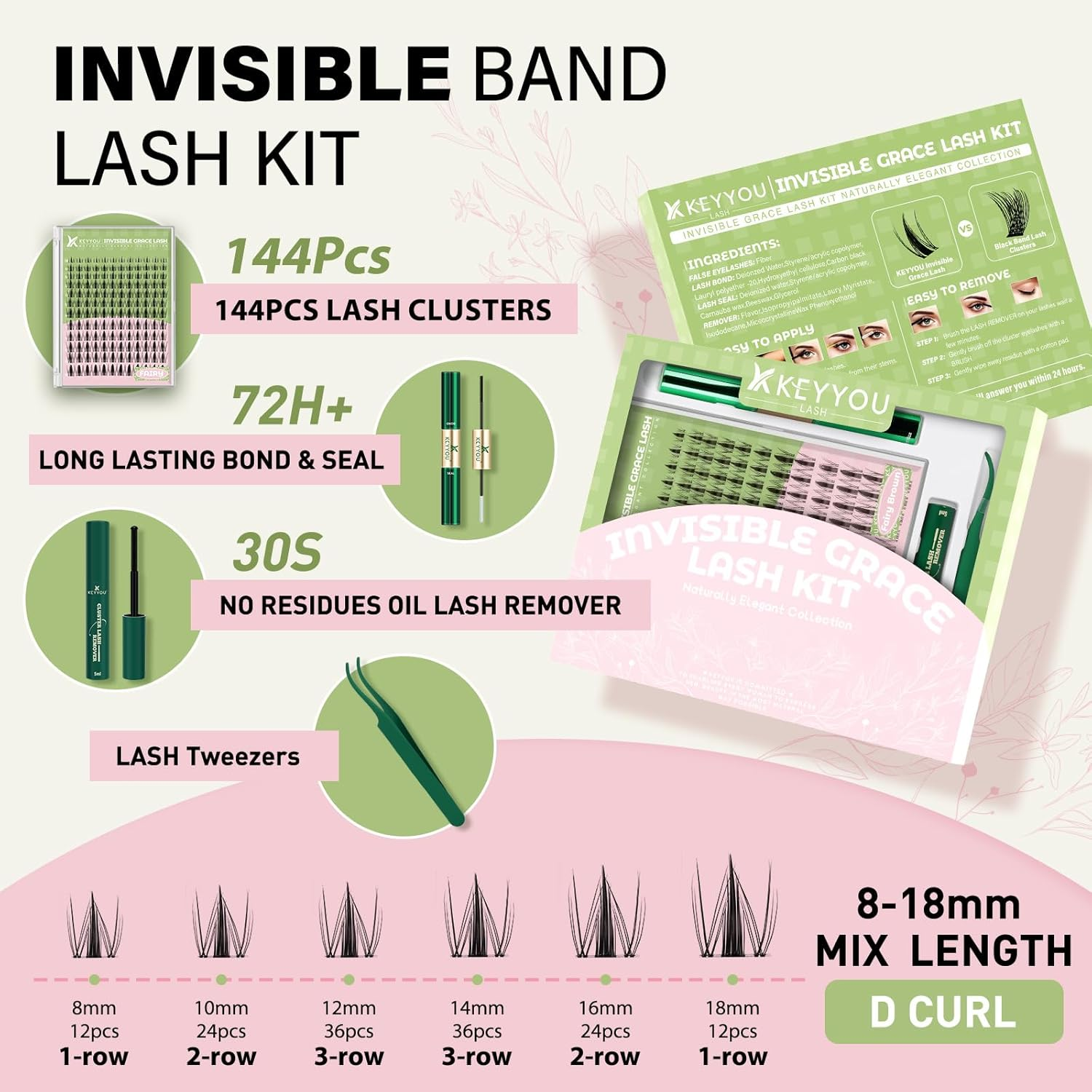 KEYYOU Fairy Lash Clusters Kit, Manga Eyelash Extension Kit at Home, D Curl, Wispy Natural Invisible Band Lash with Waterproof DIY, Fairy-D-8-16Mix, 144 Pcs