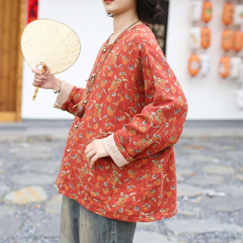 Women'S Vintage Batwing Sleeve Frog Button Jacket Loose round Neck Cotton Linen Ethnic Style Top Orange image number 5