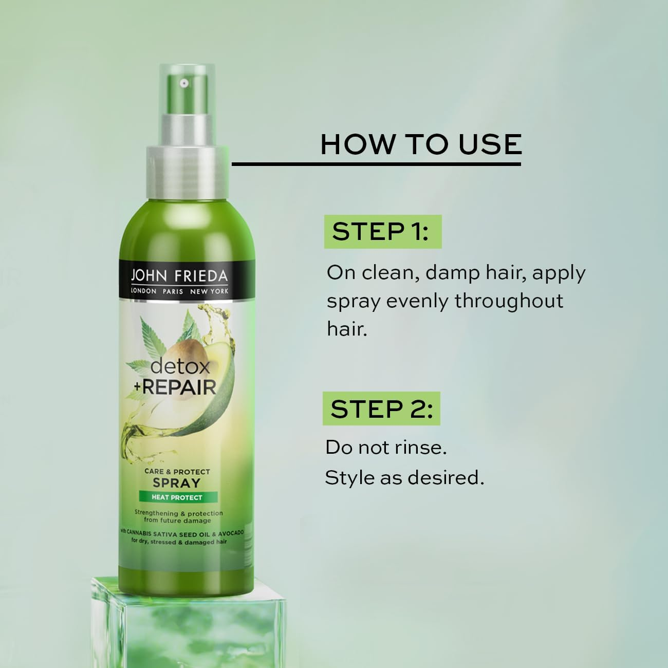 John Frieda Detox & Repair Care & Protect Heat Protection Spray 200Ml for Dry, Stressed & Damaged Hair with Cannabis Sativa Seed Oil & Avocado image number 3