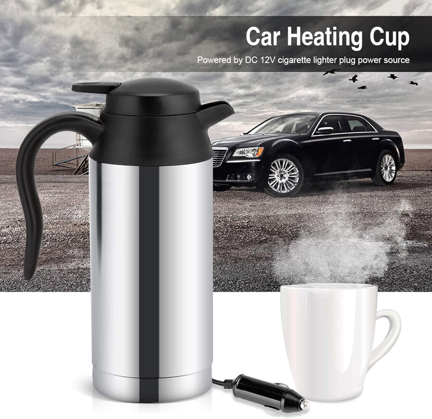 Car Kettle, 12V 750Ml Food Grade Stainless Steel Car Heating Cup, Portable Fast Boiling Travel Kettle with Indicator Light and Charger for Hot Water, Coffee, Tea, Beverage image number 4