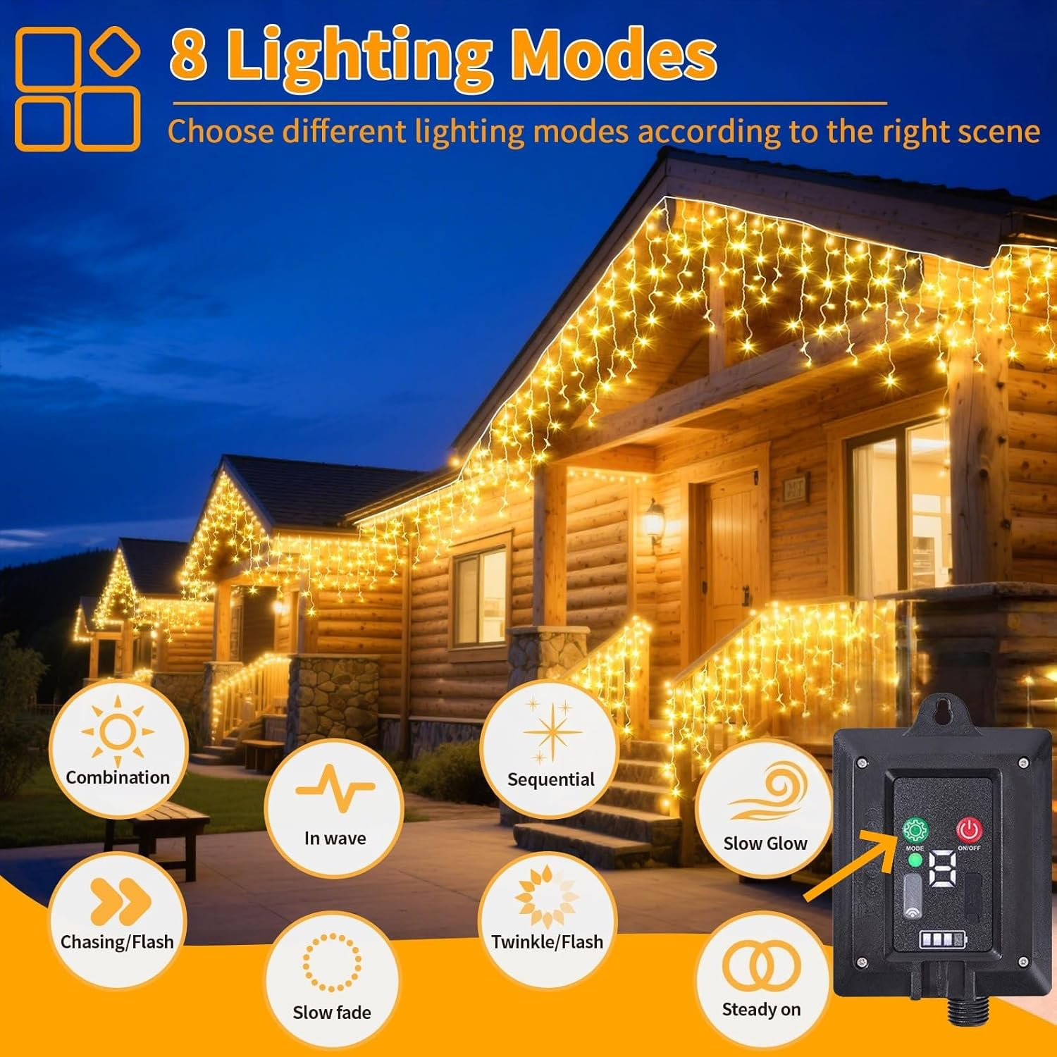 Solar Warm Icicle Lights, 35.1Ft 360 LED Curtain String Lights with Timer Dimmable,8 Modes Waterproof Fairy Lights for outside Holiday, Patio, Balcony, Window, House Eaves Decorations image number 1