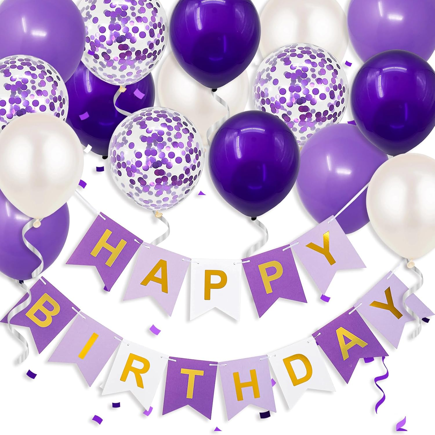 Lilac Birthday Decoration Pack, 16Pcs 12In Balloons with 2 Ribbons, Happy Birthday Banner, Confetti, Pastel & Metallic Purple Balloons, Suitable for Women, Girls & Mixed Occasions