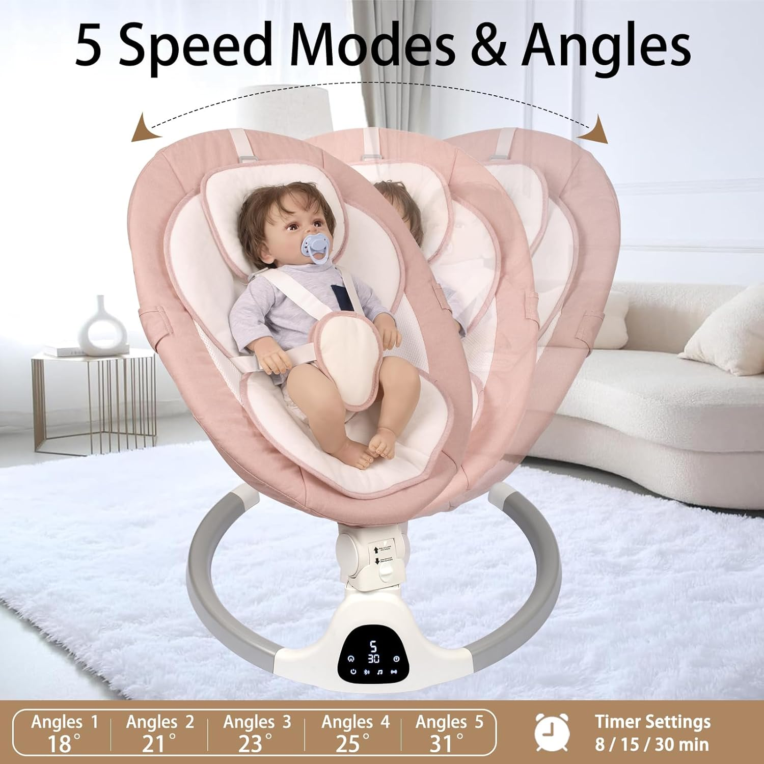 Electric Baby Swing for Infants, with Bluetooth Remote Control Timing Function and 10 Music 5 Swing Speeds 3 Seat Positions Baby Bouncer for Boy Girl Indoor & Outdoor Use (Pink)