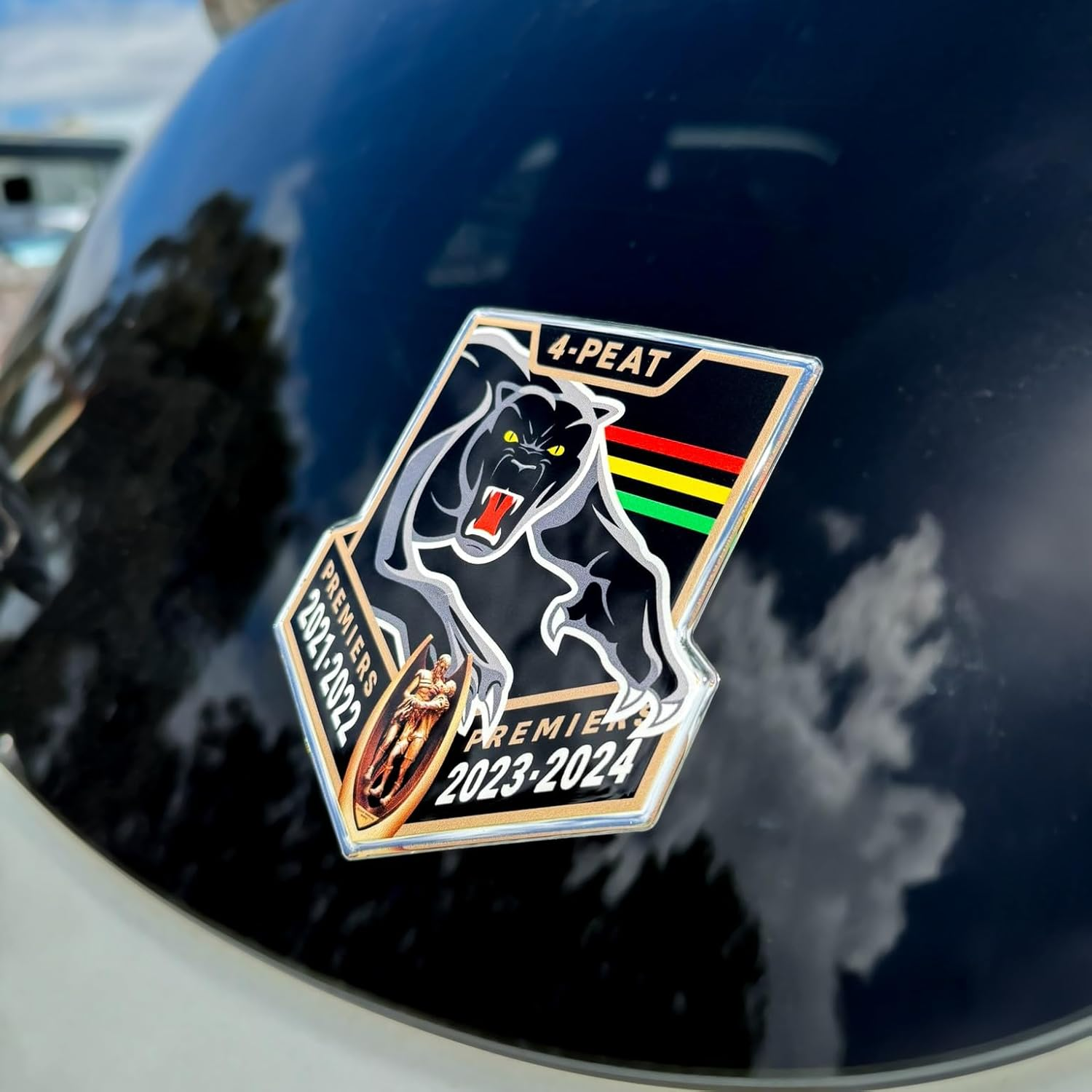 Fan Emblems Panthers Car Decal &bull; Penrith Panthers 4-Peat Logo Clear Resin Coated Chrome Automotive Sticker - Size: 115 X 105 X 2 Mm &bull; Officially Licensed NRL Car Accessories