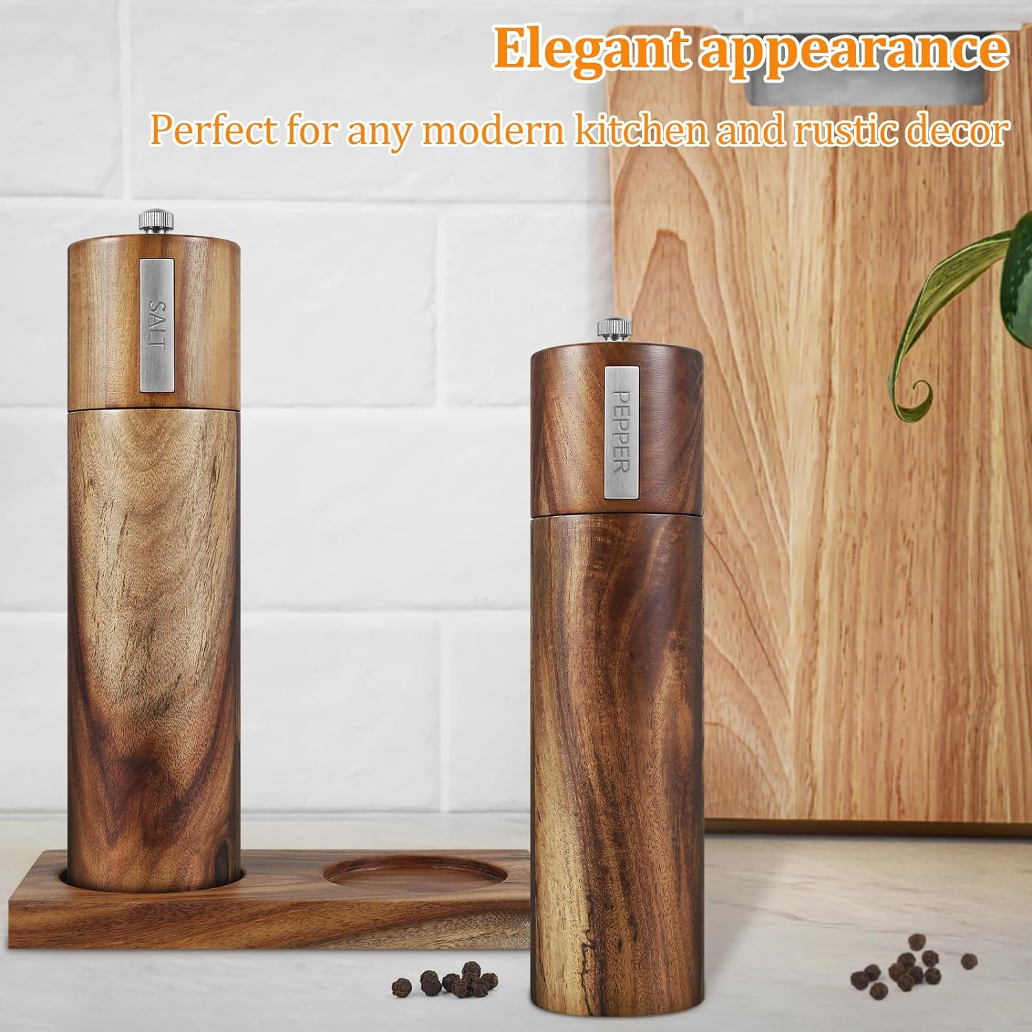 Wood Salt and Pepper Grinder Set,Salt Pepper Mill Grinder,Salt Grinder Set,Cylindrical Grinder Acacia Wood Pepper Mill Ceramic Core Manual Pepper Grinder image number 2