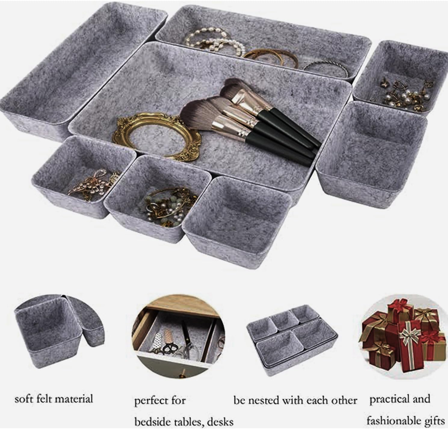 Drawer Organizers Tray Felt Storage Bins Office Desk，Grey Storage Container,Jewelry Organizing Box (Grey) image number 6