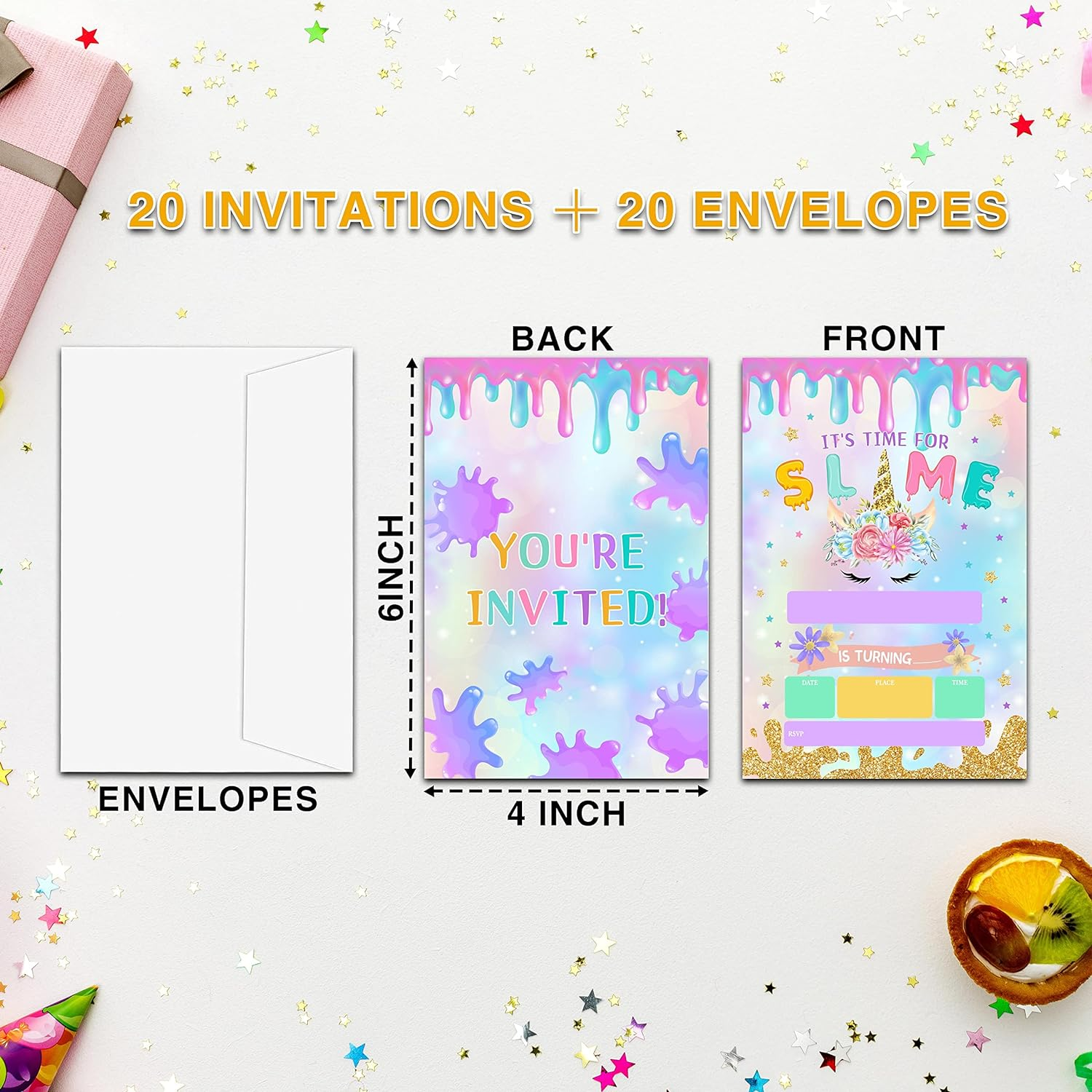 Ycyfckdr Slime Birthday Invitations for Kids, Magic Unicorn Birthday Party Invitation Cards, Gold Glitter Party Celebration Supplies Decoration -20 Fill in Invitations with Envelopes (B14) image number 3