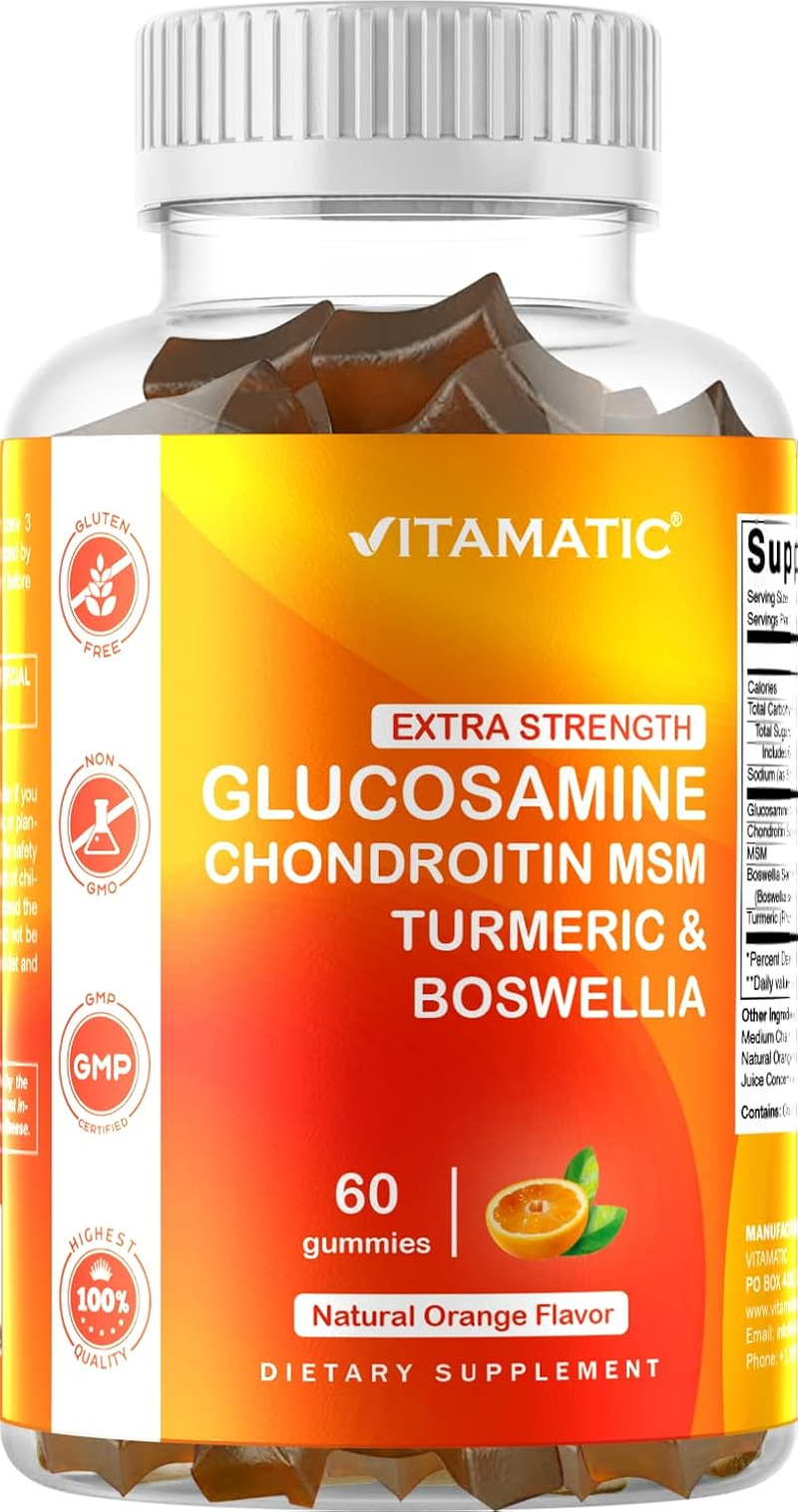 Vitamatic Extra Strength Glucosamine Chondroitin Gummies with MSM, Turmeric, & Boswellia - Joint Support - 60 Pectin Based Gummies image number 1
