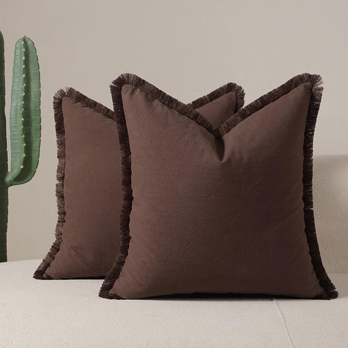 Set of 2 Decorative Linen Fringed Throw Pillow Cover, Cozy Boho Cushion Covers with Tassel Soft Washed Cotton Pillowcase Cushion for Couch Sofa Farmhouse Living Room Bed Natural Home Decor 18X18 Inch