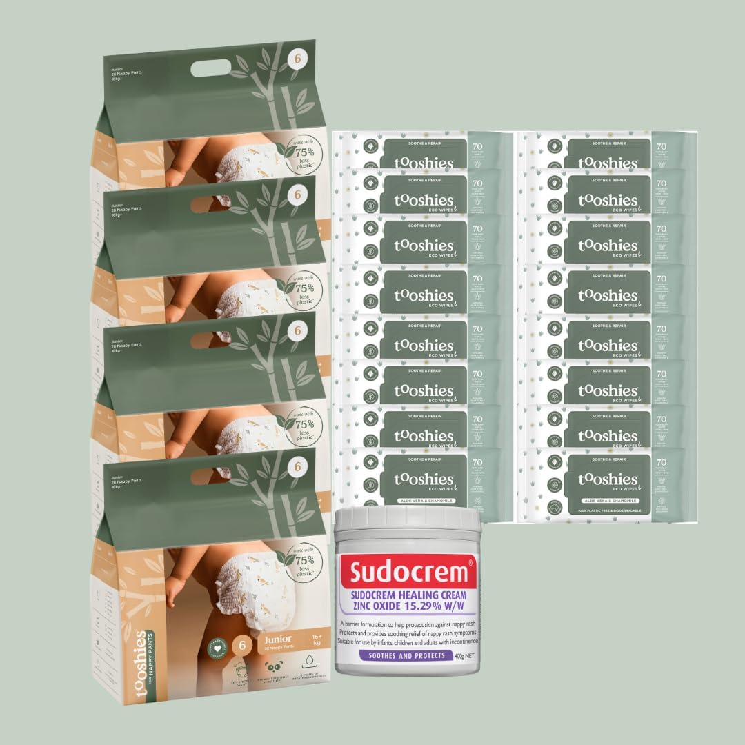 Tooshies Eco Nappy Pants Size 6 Junior, 104 Count + Tooshies Aloe Vera & Chamomile Eco Wipes 1120 Pack + Sudocrem Healing Cream 400G image number 1