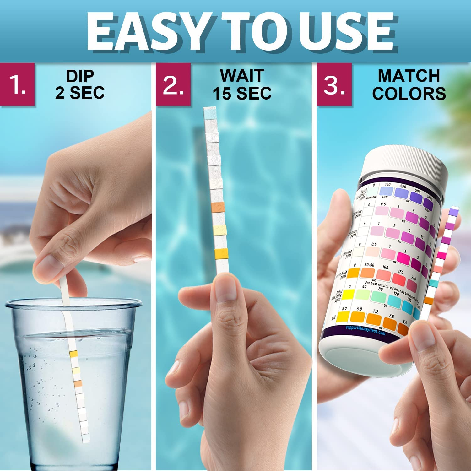 EASYTEST 7-Way Pool Test Strips, 150 Strips Water Chemical Testing for Hot Tub and Spa, Accurate Test Bromine, Total Alkalinity, Ph, Free Chlorine, Total Hardness, Cyanuric Acid, and Total Chlorine - 7 In 1 Pool Test Strips image number 3
